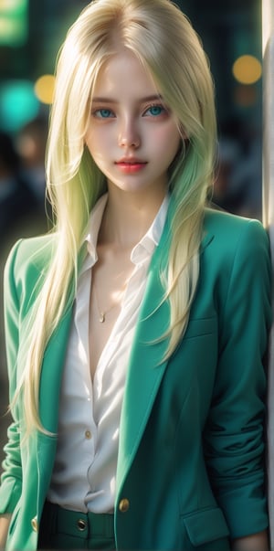 girl with long platinum blond hair in green blazer and white blouse, azure eyes, shy smile, in the style of hyper-realistic atmospheres, anime aesthetic, dotted, fenghua zhong, close up, light gold and dark emerald, 32k uhd 