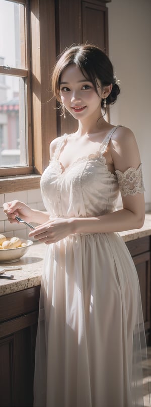 Realistic, masterpiece, best quality, solo, a young Taiwanese beauty, Asian idol, 38 years old, fair skin, wearing a majestic and proud dress with black and white tulle top, cooking in the kitchen, smiling, soft light, sunshine, window