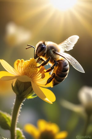 A majestic honeybee perches delicately on a vibrant yellow and white flower, its translucent wings glistening in the warm sunlight that casts a gentle glow on the petals. The bee's furry body blends seamlessly with the surrounding foliage as it collects nectar from the flower's center. The 8K resolution captures every intricate detail of the natural scene, from the delicate pollen grains to the soft focus of the blurred background.