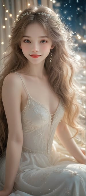Beautiful, soft light, (beautiful and delicate eyes), very detailed, pale skin, big smile, (long hair), dreamy,Bright moonbeam shines in front of bed, It looks like some frost on the ground. Toward the bright moon I raise my head, Lowering my head with nostalgia around.