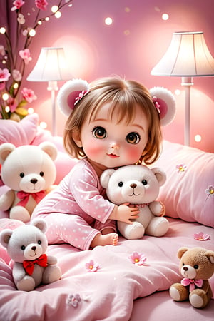 Flowers bloom, A beautiful adorable little baby girl, big beautiful charming eyes, wearing pink and white pajamas hug a cute small fuzzy bear toy lying in the soft bed, lamps lighting soft, so sweet and playful and enjoy, charming.lovely portrait photography, flowers bloom bokeh background, depth of field.