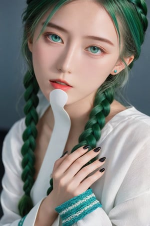 (ultra realistic,best quality),photorealistic,Extremely Realistic,in depth,cinematic light,hubggirl,

BREAK

stunning anime portrait of a green-haired girl with intense blue eyes, close-up view, intricate hand details, braided hair, white clothing, strong light and shadow contrasts, black nails, 21 years old, 

BREAK

dynamic poses, particle effects, perfect hands, perfect lighting, vibrant colors, intricate details, high detailed skin, intricate background, realistic, raw, analog, taken by Sony Alpha 7R IV, Zeiss Otus 85mm F1.4, ISO 100 Shutter Speed 1/400, Vivid picture, More Reasonable Details