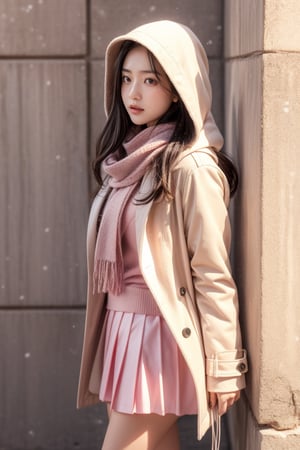 winter steet,high school student,16 yo,girl,very long hair, straight hair,white hair,wearing pink scarf,hood long coat(white), short tight skirt and boots,she is leaning agaist the wall,Best Quality, 32k, photorealistic, ultra-detailed, finely detailed, high resolution, perfect dynamic composition, beautiful detailed eyes, sharp-focus, cowboy shot, front-view,