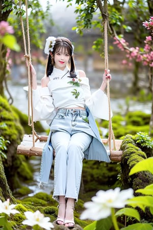 A Taiwanese girl, wearing a white off-shoulder chiffon dress, short jeans, real skin style, smiling happily, delicate skin face, the focus is on the girl sitting on a swing suspended in the air, swinging, there is a big tree pole covered with colorful beautiful flowers, petals flying around, clouds and mist lingering around, toes almost touching the sea of ​​clouds, breeze blowing her hair. The world is vast, the sun is warm, the beautiful scenery of mountains and seas in front of her fills her heart with tranquility and leisure, panoramic appearance, wide-angle lens shooting from bottom to top.