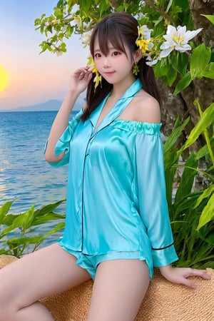 A Taiwanese girl, with real skin style, delicate face, majestic and proud upper body, ethereal and extraordinary feeling, wearing off-shoulder chiffon silk pajamas and a dreamy coat, in a warm morning, with a shy smile in spirit, sitting on the white beach, drinking coffee, with colorful petals flying around her, watching the yellow-blue light of sunrise, the bright green fields and blue sea, enjoying the feeling of being in a paradise at the moment