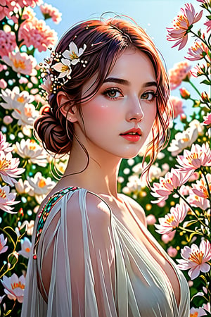 Masterpiece, HD, 8K, A captivating and minimalist illustration of a 20-year-old woman. The upper body, the face is drawn at a 45-degree angle in the center, and delicate touches of pastel accentuate her (high-topped hair color), large eyes, plump cheeks and lips, beautiful white skin and small face with elegant touches. Similar to the touch of Fakhtali Abderrahim, fragile and delicate, the background is a space surrounded by many luminous flowers, and the colorful, magical and mysterious presence is reflected in the expression.