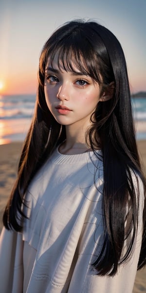 a 5 yo Korean little girl at the beach with long hair and red eyes whole body ,  (hi-top fade:1.3), dark theme, soothing tones, muted colors, high contrast, (natural skin texture, hyperrealism, soft light, sharp),Bora,chinatsumura,Detailedface,perfect