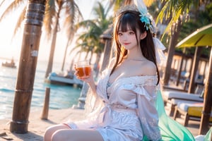 A Taiwanese girl, with real skin style, delicate face, majestic and proud upper body, ethereal and extraordinary feeling, wearing off-shoulder chiffon silk pajamas and a dreamy coat, in a warm morning, with a shy smile in spirit, sitting on the white beach, drinking coffee, with colorful petals flying around her, watching the yellow-blue light of sunrise, the bright green fields and blue sea, enjoying the feeling of being in a paradise at the moment