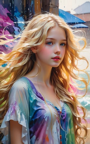 1girl, solo, long hair, Hair style big wavy hairlooking at viewer, blonde hair, Hair style big wavy hair,closed mouth, The girl's right hand moved her hair behind her right ear.Hair style big wavy hairupper body, mole, lips, colorful abstract paint on the wall behind her. water color, rain by Daniel Gerhartz,DonMM1y4XL