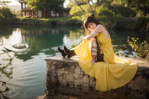 A Taiwanese girl, wearing a yellow gauze nightgown, with a real skin style, a delicate face, and a majestic bust, sits by the lake and looks quietly in front of her. The background presents an ethereal and otherworldly feeling.