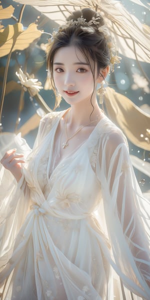 A Taiwanese girl, realism, delicate face, long thin necklace, sleeveless spaghetti straps, soaked one-piece tulle slit, ethereal eyes, dance moves, dancing body, backlighting effect, raining and sweating , with a shy smile, disheveled hair and make-up, and a majestic waist, playing in the water on the bank of the Li River in China, the background presents an ethereal and otherworldly feeling.