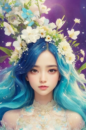A captivating digital art portrait of a young woman surrounded by a vibrant array of flowers. Her wavy, dark blue hair frames her face, blending seamlessly with the floral elements around her. The flowers, in shades of orange, blue, and white, create a striking contrast against her pale skin. She gazes directly at the viewer with an intense, almost ethereal expression. The intricate details of the petals and leaves intertwine with her hair, giving the impression that she is one with nature. The overall composition is both delicate and dramatic, evoking a sense of mystery and enchantment.