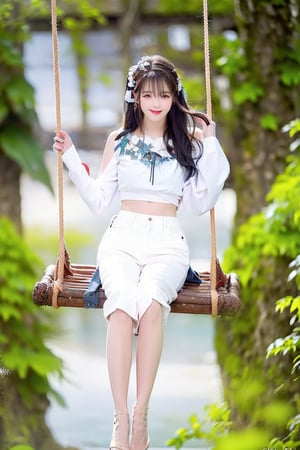 A Taiwanese girl, wearing a white off-shoulder chiffon dress, short jeans, real skin style, smiling happily, delicate skin face, the focus is on the girl sitting on a swing suspended in the air, swinging, there is a big tree pole covered with colorful beautiful flowers, petals flying around, clouds and mist lingering around, toes almost touching the sea of ​​clouds, breeze blowing her hair. The world is vast, the sun is warm, the beautiful scenery of mountains and seas in front of her fills her heart with tranquility and leisure, panoramic appearance, wide-angle lens shooting from bottom to top.