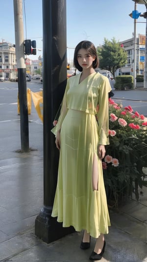 ((full body shot):1.3) with low angle, award-winning photography, hyperrealism, detailed face, symmetric face, bright eyes, glamorous v-shaped face, Chrysanthemum personification, an ethereal breathtakingly beautiful 17-years-old japanese girl in hanfu, exquisite hanfu attire, 1girl walking in a business district, perfect model body, translucent appearance, pronounced facial features, hasselbald 503CW, LinkGirl