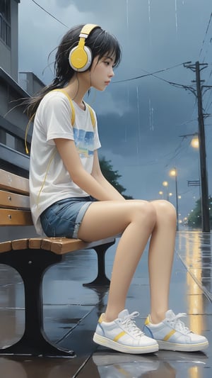 (masterpiece, high quality, 8K, high_res), 
a girl sits on a bench in the rain and looks at the sky, (ultra slender legs:1.2), dressed in a bottomless meshshirt, short jeans and white sneakers, yellow_headphone wires are visible, the image conveys the mood of melancholy thoughtfulness, impasse, doubt. Watercolor painting technique, ultra detailed, beautiful,
inspired by  Makoto Shinkai and Toshihiro Kawamoto