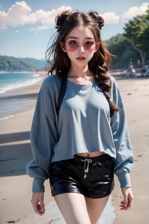 beautiful girl wearing a blue top and shorts with a lace pattern on the bottom half of the outfit, curly brown hair in two buns at the back, big pouty lips, large sunglasses on her head, walking on the beach, in the style of Lilia Alvarado, walking, high_resolution, detailed, disney pixar style