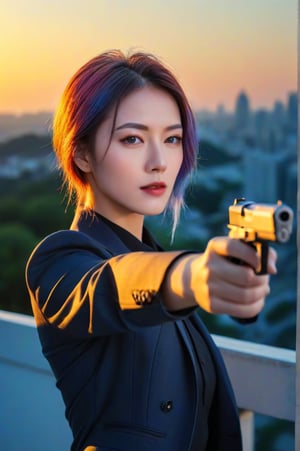 (ultra realistic,best quality),photorealistic,Extremely Realistic,in depth,cinematic light,hubggirl, 

BREAK 
pretty special agent woman aiming with pistol, dyed hair, sunset,dual pistols,

BREAK 
dynamic poses, particle effects, perfect hands, perfect lighting, vibrant colors, intricate details, high detailed skin, intricate background, realistic, raw, analog, taken by Sony Alpha 7R IV, Zeiss Otus 85mm F1.4, ISO 100 Shutter Speed 1/400, Vivid picture, More Reasonable Details,