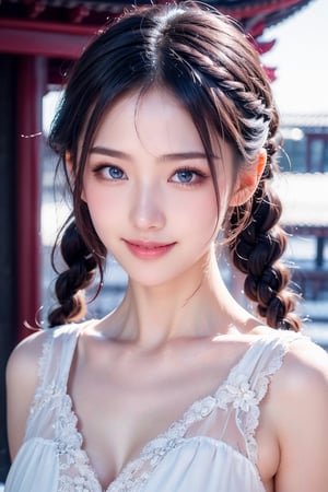 A Taiwanese girl, (realism: 1.2), analog photography style, dreamy snow scene, short black and gray braided hair, full body, soft natural light, cute and sexy smiling, happy, detailed face and blue eyes, high quality, masterpiece, detailed northern mid-autumn night background with a big moon, Chinese style mid-autumn festival atmosphere, quality: 16K, original photo face, real skin effect, clear facial features, majestic bust, analog photography style, dreamy snow scene, short black and gray braided hair, full body, soft natural light, cute and sexy, happy, detailed face and blue eyes, high quality, masterpiece, detailed northern background, quality: 16K, original photo