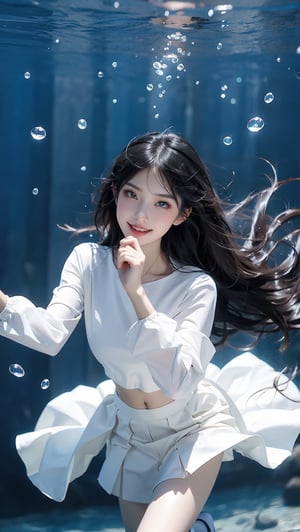 1girl, a Korean girl and Korean boy band, wearing a white gauze skirt, real-life fantasy photos, exquisite faces, the water surface splits two pictures, clearly photographing the underwater scenery of the characters, luminous particles fill the entire picture, starlight skirt, held up from the water The bride is getting up, the bride is smiling happily and has bright blue eyes,underwater
