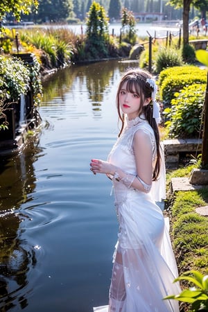 Best Works, (Best Quality, , HDR, 8k, 32k, Original Photo, Realistic, Real Skin, UHD: 1.2), a beautiful Japanese 20-year-old girl, with surging waves, a plump figure, wearing a long white tulle dress, by a forest lake, bright blue eyes, long gray hair, delicate face, perfect face, green pond, dark sky, background lighting, realism, red sky, detailed sky, realistic clouds, sun, bright environment, late afternoon, sun in the clouds, wide-angle lens effect