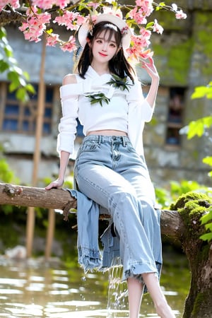 A Taiwanese girl, wearing a white off-shoulder chiffon dress, short jeans, real skin style, smiling happily, delicate skin face, the focus is on the girl sitting on a swing suspended in the air, swinging, there is a big tree pole covered with colorful beautiful flowers, petals flying around, clouds and mist lingering around, toes almost touching the sea of ​​clouds, breeze blowing her hair. The world is vast, the sun is warm, the beautiful scenery of mountains and seas in front of her fills her heart with tranquility and leisure, panoramic appearance, wide-angle lens shooting from bottom to top.