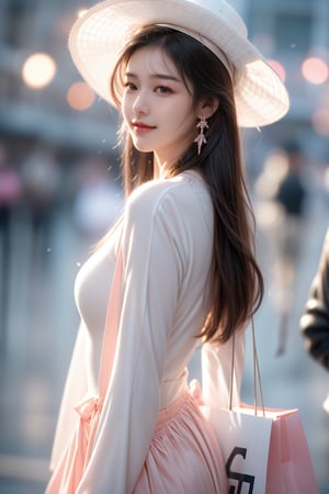 background is runway, pink color background,
18 yo, 1 girl, beautiful korean girl,wearing tight white dress(long sleeves),long white lady hat,holding shopping bag,happy smile, solo, {beautiful and detailed eyes}, dark eyes, calm expression, delicate facial features, ((model pose)), Glamor body type, (dark hair:1.2), simple tiny earrings, simple tiny necklace,bangs, flim grain, realhands, masterpiece, Best Quality, 16k, photorealistic, ultra-detailed, finely detailed, high resolution, perfect dynamic composition, beautiful detailed eyes, eye smile, ((nervous and embarrassed)), sharp-focus, full_body, cowboy_shot,