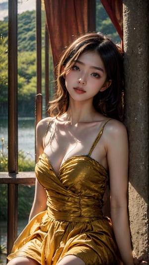 A Taiwanese girl, wearing a yellow gauze nightgown, with a real skin style, a delicate face, and a majestic bust, sits by the lake and looks quietly in front of her. The background presents an ethereal and otherworldly feeling.