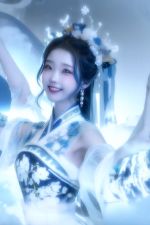 A Taiwanese girl, wearing a stunning blue and white porcelain costume, with real skin effects, clear facial features, and a majestic bust, performing solo, smiling happily, full-body photo, surrounded by clouds and mist, posing in different dance poses, swinging her body, forming a whirlwind effect, and the background presents a blue backlit, ethereal and extraordinary feeling.