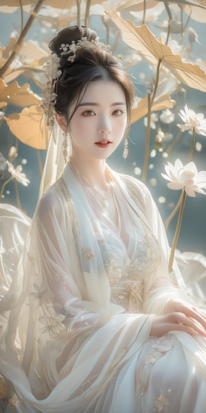 A Taiwanese woman is in the center, with realistic skin effects, clear facial features, and a majestic bust. Infrared photography, her attention is directed downwards towards the guzheng-like instrument.  She wore a delicate sheer tulle with a floral pattern that complemented her elegant pose.  The serene backdrop is a serene garden pond surrounded by rocks and blurry greenery, enhancing the calm ambience.  Soft sunlight shines through, casting a soft glow that illuminates the floating particles, adding a dreamy texture.