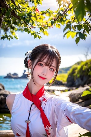 A Taiwanese girl, real skin style, delicate face, happy smile, majestic bust, stretching with arms outstretched, wearing black, white and red silk pajamas, in a sea view room facing the blue sea, the first row of sea view, the ethereal and poetic moment of sunlight and sailboats interweaving, bokeh style, the background presents a warm twilight of autumn maple forest.