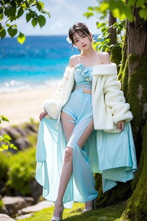 A Taiwanese girl, with real skin style, delicate face, majestic and proud upper body, ethereal and extraordinary feeling, wearing off-shoulder chiffon silk pajamas and a dreamy coat, in a warm morning, with a shy smile in spirit, sitting on the white beach, drinking coffee, with colorful petals flying around her, watching the yellow-blue light of sunrise, the bright green fields and blue sea, enjoying the feeling of being in a paradise at the moment