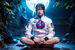 A Taiwanese man, wearing a white flight jacket with the Taiwanese flag printed on it, real skin style, exquisite skin, began to retreat, sitting cross-legged to rest his body with his hands in lotus position, the background is the cosmic blue backlight, the ethereal environment, and there are white spirits around him