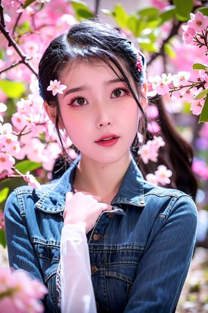 A Taiwanese girl, wearing a short T-shirt and short jeans, 
dries clothes under a cherry blossom tree in spring, petals are flying, the camera is shooting from bottom to top, real skin style, delicate face, majestic bust, the background presents an ethereal and extraordinary feeling.