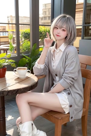 A contemporary color photo of a young Taiwanese girl sitting at an indoor coffee table, with real skin effects, short grey hair, clear facial features, a majestic bust, solo, she is wearing a white cardigan without buttons and high white boots on her feet. Her pose is relaxed, with one leg crossed over the other. The background shows the environment of a modern outdoor coffee shop, including chairs, tables and green plants. The background seems to be a soft shadow under the sunlight, suggesting daytime. On the table there is a cup, saucer and a dessert cup on a wooden tabletop. This composition captures a casual but intimate moment in a trendy urban environment.