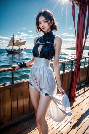 A Taiwanese girl, wearing a white period costume and white tulle, real skin style, delicate face, long flowing hair, strikes a dancing pose with a sailboat as the background. She stands by the boat, with the sea and sails visible behind her, suggesting a nautical theme. The background is a clear blue sky, and the lighting is bright and natural. The overall color scheme is cool, mainly blue, which complements the marine environment, emphasizing realistic textures and bright colors.