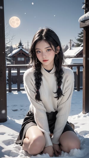 A Taiwanese girl, (realism: 1.2), analog photography style, dreamy snow scene, short black and gray braided hair, full body, soft natural light, cute and sexy smiling, happy, detailed face and blue eyes, high quality, masterpiece, detailed northern mid-autumn night background with a big moon, Chinese style mid-autumn festival atmosphere, quality: 16K, original photo face, real skin effect, clear facial features, majestic bust, analog photography style, dreamy snow scene, short black and gray braided hair, full body, soft natural light, cute and sexy, happy, detailed face and blue eyes, high quality, masterpiece, detailed northern background, quality: 16K, original photo