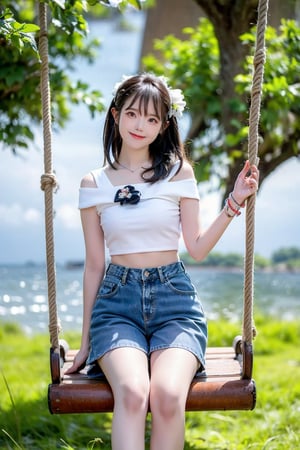 A Taiwanese girl, wearing a white off-shoulder top, short jeans, real skin style, smiling happily, delicate skin face, the focus is on the girl sitting on a swing suspended in the air, swinging on a large tree pole covered with vegetables, her toes almost touching the sea of ​​clouds, the breeze blowing her hair. The world is vast, the sun is warm, the beautiful scenery in front of her fills her heart with tranquility and leisure, panoramic view.