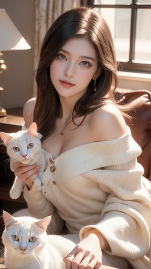 Create a photograph with a realistic style, potentially taken by a professional photographer. It features a well-composed portrait of a young woman and her cat. The woman, situated in the center foreground, is holding a white cat close to her chest. She is wearing an off-shoulder top and smiling at the camera. The background is an indoors living space with warm lighting, including a lit lamp on a table and blurred furniture. Subtle details such as the soft lighting, uncluttered background, and natural tones contribute to a serene, homely atmosphere.