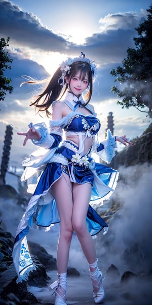 A Taiwanese girl, wearing a stunning blue and white porcelain costume, with real skin effects, clear facial features, and a majestic bust, performing solo, smiling happily, full-body photo, surrounded by clouds and mist, posing in different dance poses, swinging her body, forming a whirlwind effect, and the background presents a blue backlit, ethereal and extraordinary feeling.