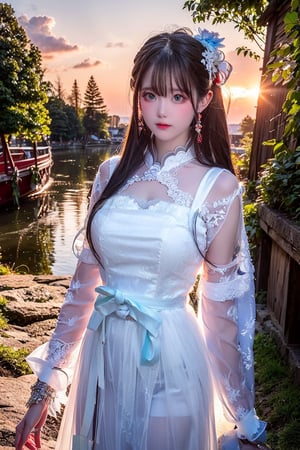 Best Works, (Best Quality, , HDR, 8k, 32k, Original Photo, Realistic, Real Skin, UHD: 1.2), a beautiful Japanese 20-year-old girl, with surging waves, a plump figure, wearing a long white tulle dress, by a forest lake, bright blue eyes, long gray hair, delicate face, perfect face, green pond, dark sky, background lighting, realism, red sky, detailed sky, realistic clouds, sun, bright environment, late afternoon, sun in the clouds, wide-angle lens effect