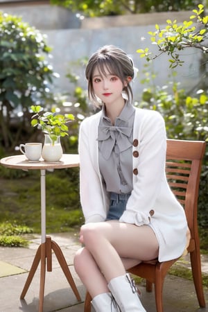 A contemporary color photo of a young Taiwanese girl sitting at an indoor coffee table, with real skin effects, short grey hair, clear facial features, a majestic bust, solo, she is wearing a white cardigan without buttons and high white boots on her feet. Her pose is relaxed, with one leg crossed over the other. The background shows the environment of a modern outdoor coffee shop, including chairs, tables and green plants. The background seems to be a soft shadow under the sunlight, suggesting daytime. On the table there is a cup, saucer and a dessert cup on a wooden tabletop. This composition captures a casual but intimate moment in a trendy urban environment.