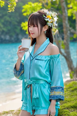 A Taiwanese girl, with real skin style, delicate face, majestic and proud upper body, ethereal and extraordinary feeling, wearing off-shoulder chiffon silk pajamas and a dreamy coat, in a warm morning, with a shy smile in spirit, sitting on the white beach, drinking coffee, with colorful petals flying around her, watching the yellow-blue light of sunrise, the bright green fields and blue sea, enjoying the feeling of being in a paradise at the moment