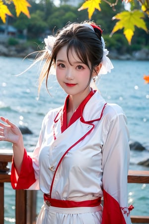 A Taiwanese girl, real skin style, delicate face, happy smile, majestic bust, stretching with arms outstretched, wearing black, white and red silk pajamas, in a sea view room facing the blue sea, the first row of sea view, the ethereal and poetic moment of sunlight and sailboats interweaving, bokeh style, the background presents a warm twilight of autumn maple forest.