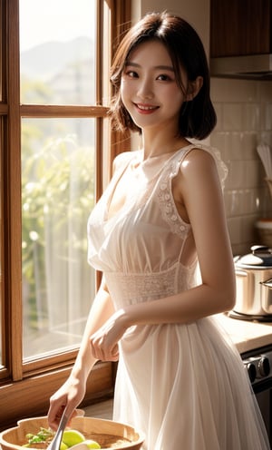 Realistic, masterpiece, best quality, solo, a young Taiwanese beauty, Asian idol, 38 years old, fair skin, wearing a majestic and proud dress with black and white tulle top, cooking in the kitchen, smiling, soft light, sunshine, window