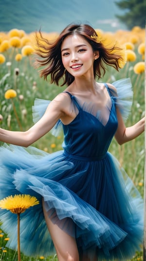 Macro photography, a Korean woman is wearing a blue tulle dress under a huge dandelion, dancing and smiling happily at the camera