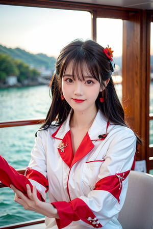 A Taiwanese girl, real skin style, delicate face, happy smile, majestic bust, stretching with arms outstretched, wearing black, white and red silk pajamas, in a sea view room facing the blue sea, the first row of sea view, the ethereal and poetic moment of sunlight and sailboats interweaving, bokeh style, the background presents a warm twilight of autumn maple forest.