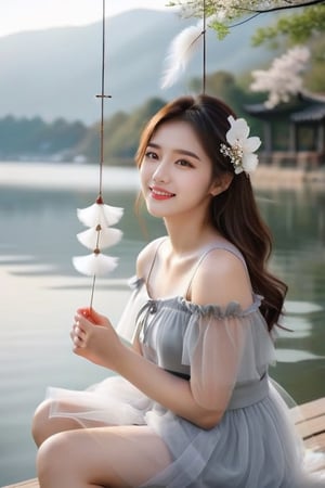 A Korean girl, wearing gray and white tulle, with a delicate face, real style, exquisite facial features, happy smile, sitting by the lake quietly enjoying life, the wind chimes in the wind are so light,
 You listen to the sound of the wind,
 I feel myself gradually rippling,
 It is more comfortable than fallen leaves and more tranquil than lake water.