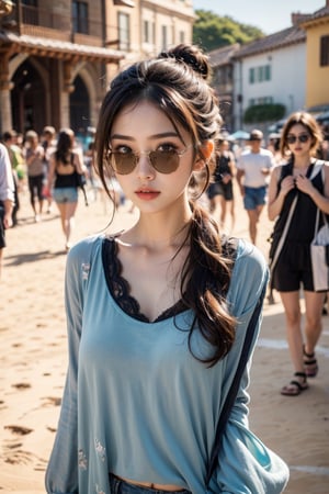 beautiful girl wearing a blue top and shorts with a lace pattern on the bottom half of the outfit, curly brown hair in two buns at the back, big pouty lips, large sunglasses on her head, walking on the beach, in the style of Lilia Alvarado, walking, high_resolution, detailed, disney pixar style