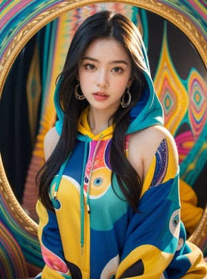 A stunning portrait of a young woman dressed in a vibrant, multicolored hoodie with swirling patterns of blue, orange, and teal. Her long, flowing hair cascades down her shoulders, complementing the intricate design of her outfit. The background mirrors the psychedelic patterns of her attire, creating a seamless, mesmerizing effect. The woman's expression is calm and confident, her gaze directed towards the viewer. The overall scene exudes a sense of bold, artistic flair and modern fashion.