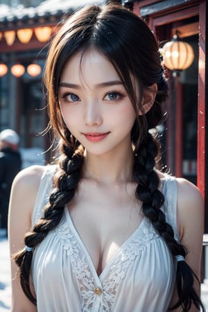 A Taiwanese girl, (realism: 1.2), analog photography style, dreamy snow scene, short black and gray braided hair, full body, soft natural light, cute and sexy smiling, happy, detailed face and blue eyes, high quality, masterpiece, detailed northern mid-autumn night background with a big moon, Chinese style mid-autumn festival atmosphere, quality: 16K, original photo face, real skin effect, clear facial features, majestic bust, analog photography style, dreamy snow scene, short black and gray braided hair, full body, soft natural light, cute and sexy, happy, detailed face and blue eyes, high quality, masterpiece, detailed northern background, quality: 16K, original photo